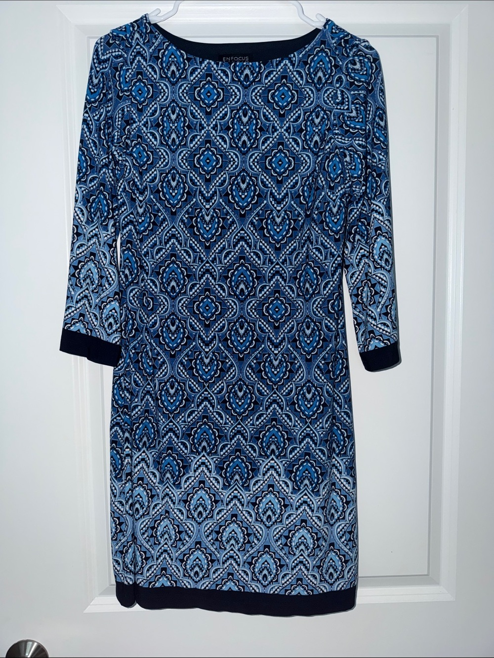 Enfocus Studio Blue Patterned Long-Sleeve Shift Dress